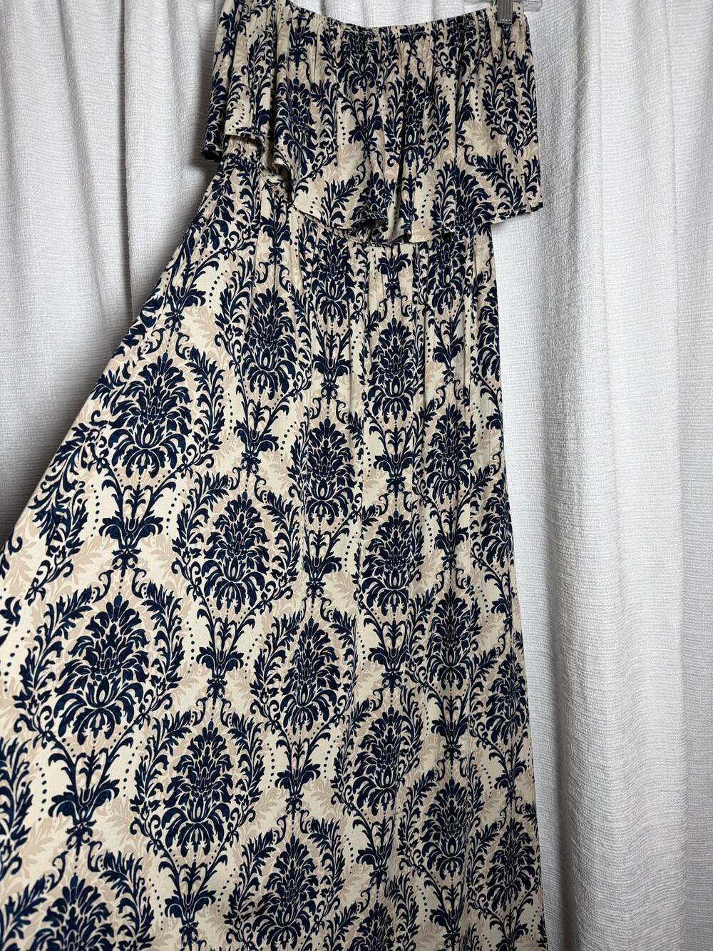 Women's Navy Cream Damask Print Strapless Ruffle Maxi Dress Size S - 180